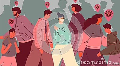 Healthy person in face mask among infected people. People during virus epidemic outbreak. Coronavirus pandemic Vector Illustration