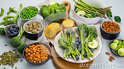 Healthy plant based food, best protein source on light grey background Stock Photo