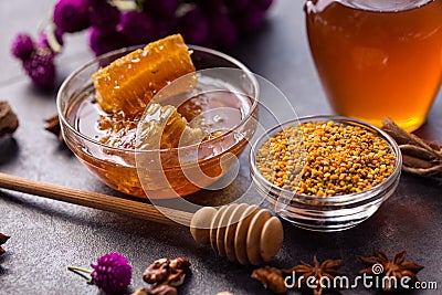 Healthy product of bee- honeycomb, pollen, propolis, honey Stock Photo