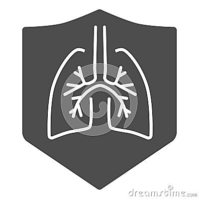 Healthy protected lungs solid icon, Protect from coronavirus concept, Human lung in shield sign on white background Vector Illustration