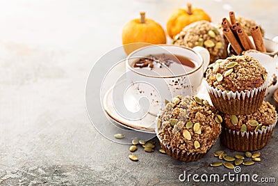Healthy pumpkin muffins with tea and spices Stock Photo