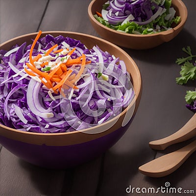 Healthy purple cabbage salad with veggies on a rustic table, veggie, vegan or vegetarian diet. Generative AI Stock Photo