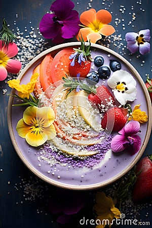 Healthy rainbow smoothie bowl topped with superfoods and edible blooms Stock Photo