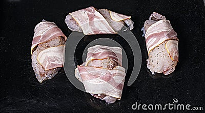 Fresh monkfish tray with bacon for a chef`s recipe Stock Photo