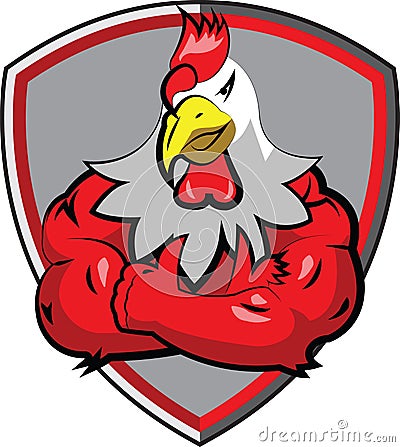 Healthy red big muscle rooster in shield Vector Illustration