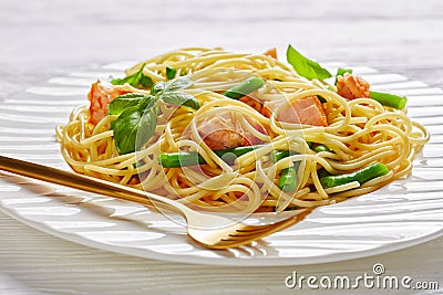 Healthy restaurant dinner: pasta with green beans Stock Photo