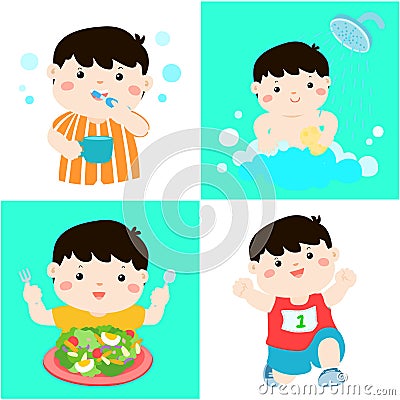 Daily healthy routine for boy cartoon Vector Illustration