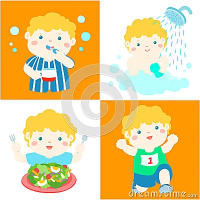 Daily healthy routine for boy cartoon Vector Illustration