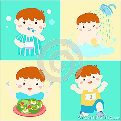 Daily healthy routine for boy cartoon Vector Illustration