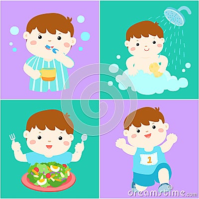 Daily healthy routine for boy cartoon Vector Illustration