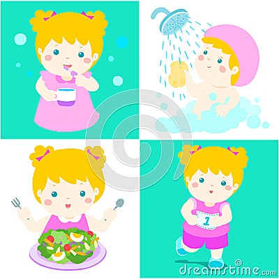 Daily healthy routine for girl cartoon Vector Illustration