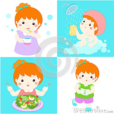 Daily healthy routine for girl cartoon Vector Illustration