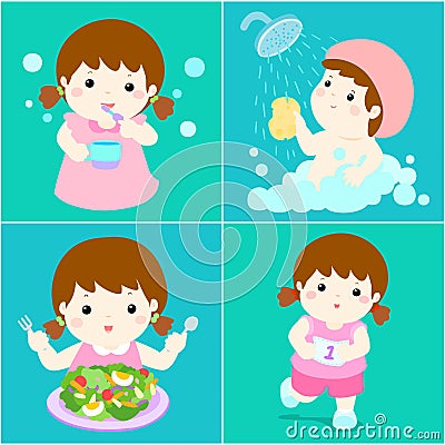 Daily healthy routine for girl cartoon Vector Illustration