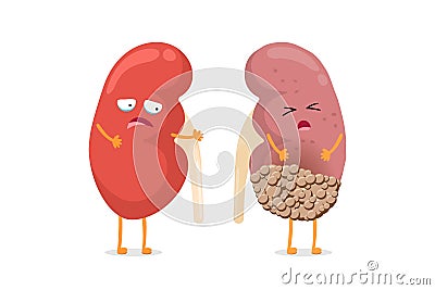 Healthy and sad suffering sick kidney with cancer characters. Human anatomy genitourinary system internal unhealthy Cartoon Illustration