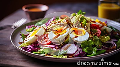 Healthy salad with avocado, tomato, eggs, red cabbage, onion and mayonnaise Generative AI Cartoon Illustration