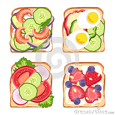 Healthy sandwiches of set, top of view. Illustration of meal isolated, breakfast or lunch tasty vector nutrition Vector Illustration
