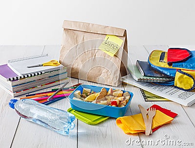 Healthy school lunch in box on white wood table background Stock Photo