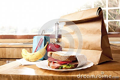 Healthy School Lunch with brown bag Stock Photo