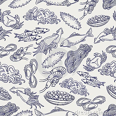 Healthy seafood ball pen seamless pattern Vector Illustration