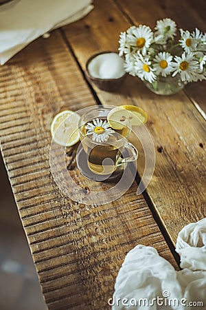 Healthy served drink in the morning. A glass cup of green natural tea, lemon and chamomile Stock Photo