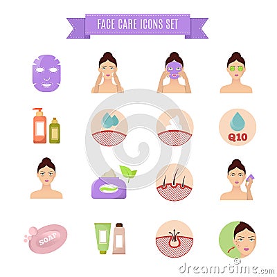 Healthy skin and care vector flat icons Vector Illustration