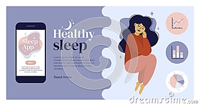 Healthy sleep design template with sleeping girl and mobile app Vector Illustration