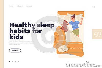 Healthy sleep habits for kids landing page template with relaxed little girl child resting in bed Vector Illustration