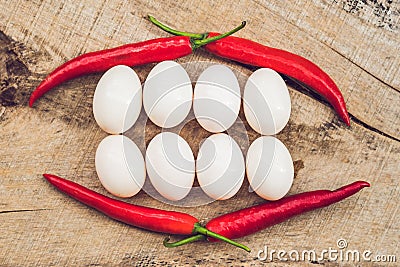 Healthy Smiling food face. Breakfast food concept, happy easter concept. White Smile Teeth from eggs and red pepper Stock Photo