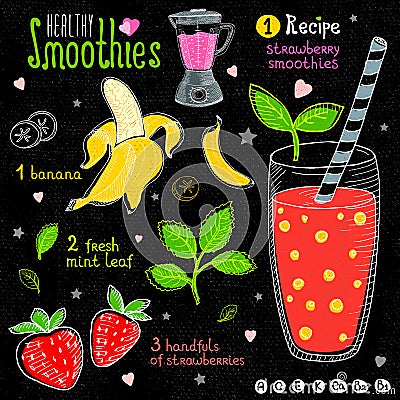 Healthy smoothie recipe set. Vector Illustration