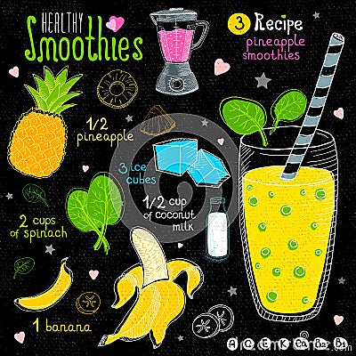 Healthy smoothie recipe set. Vector Illustration