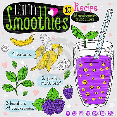 Healthy smoothie recipe set. Vector Illustration