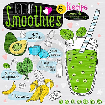 Healthy smoothie recipe set. Vector Illustration