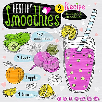 Healthy smoothie recipe set. Vector Illustration