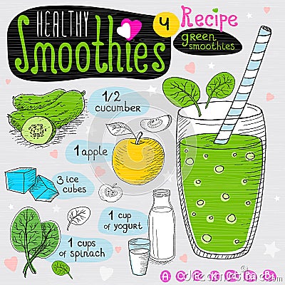 Healthy smoothie recipe set. Vector Illustration