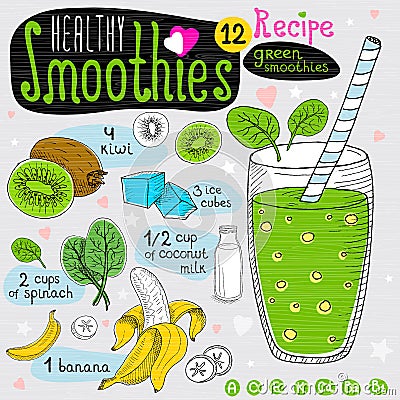 Healthy smoothie recipe set. Vector Illustration