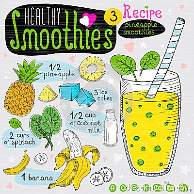 Healthy smoothie recipe set. Vector Illustration