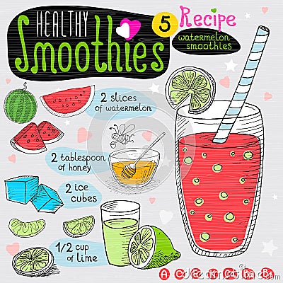 Healthy smoothie recipe set. Vector Illustration