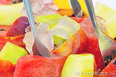 Healthy snack fresh fruit dessert with watermelon, melon, nectarins Stock Photo