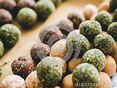 Healthy Dates oatmeal energy balls with green tea, Cocoa, Nuts. Stock Photo