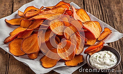 sweet potato chips or crisps with dip Stock Photo