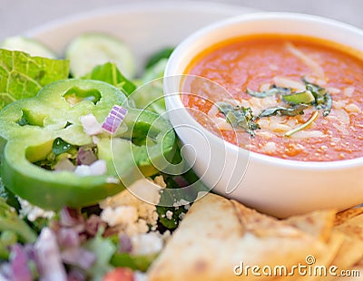 Healthy soup and salad, Tomato Soup Stock Photo