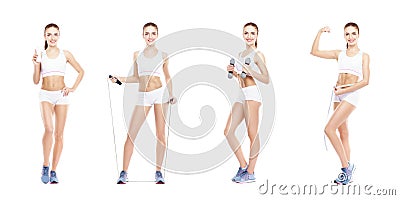 Healthy, sporty and beautiful girl isolated on white background. Woman in a fitness workout collection. Nutrition, diet Stock Photo