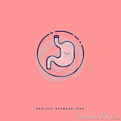 Healthy stomach icon in a circle. Cute cartoon stomach with stars and confetti. Vector Illustration