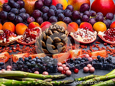 Healthy super food selection background. High in antioxidants, vitamins, minerals and anthocyanins Stock Photo