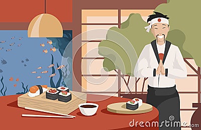 Healthy and tasty Japanese food vector flat illustration. Japan chef making sushi in restaurant. Vector Illustration