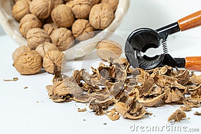 Healthy and tasty walnuts, shells and nutcracker Stock Photo