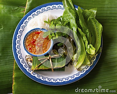 Healthy thai food - Miang Pla Mook Stock Photo