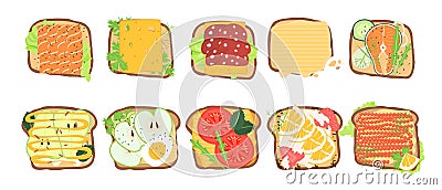 Healthy toasts top view. Sandwich with topping, dinner or breakfast food. Cartoon toast or bruschetta with salmon Vector Illustration