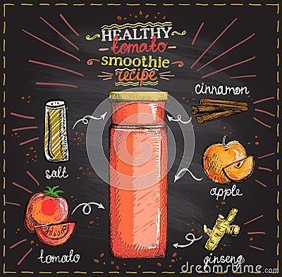 Healthy tomato smoothie recipe on a chalkboard, veggie cocktail menu with tomato, apple, ginseng and cinnamon Vector Illustration