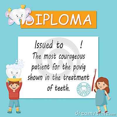 Healthy tooth certificate. Cute dentist rewarding document for kids. Dental care picture for children. Dentist baby Vector Illustration